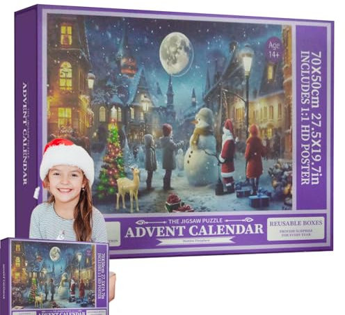 Adventskalender 2024 Puzzle, friedliche verschneite Weihnachtsnacht, 24 Tage, Weihnachts-Countdown-Kalender für Kinder und Erwachsene, 1008 Teile, Puzzle, Weihnachts-G-ifts für Heimdekoration
