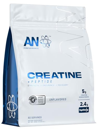 AN Performance Creatine + Peptide Powder 5g Creatine Monohydrate and 2.4g PeptiStrong Per Serving for Strength Endurance Recovery and Muscle Growth Unflavoured (444g - 60 Servings)