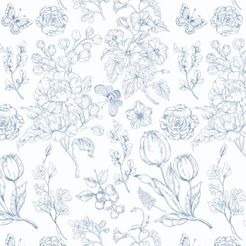 Fiula Blue and White Self Adhesive Wallpaper Floral Peel and Stick Wallpaper 44x300CM Tulips Butterfly Muster Vinyl Wrap Waterproof Contact Paper Removable for Living Room Bedroom Thick