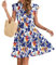 AUSELILY Damen Sommerkleid V-Ausschnitt Kleider Rüschen Ärmel Minikleid Elastische Taille Freizeitkleid mit Taschen Große blau orange Blüten M