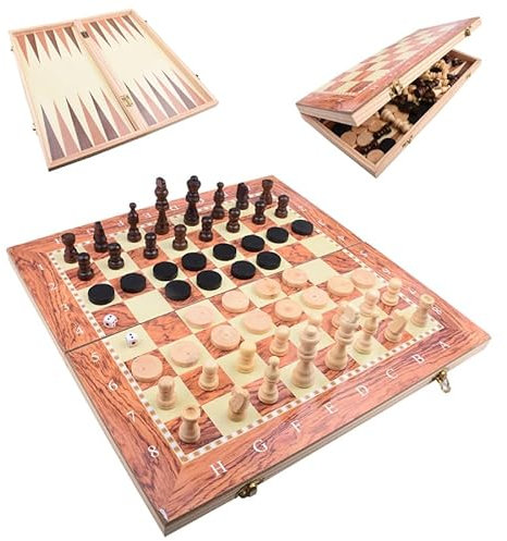 Flero 3-in-1 Premium Holz-Brettspiel-Set - Schachbrett - Backgammon - Damebrett (8x8) - 23,5 x 23cm - Schachspiel - Schachset - Schach - Dame - Mit Schachfiguren - 3-in-1 Brettspiel - Holz - Klappbar