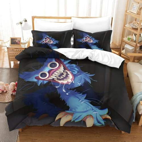 Poppy Playtime Für Kinder Mädchen Jungen Bettwäschegarnitur Bettbezug Set 3D Gedruckter Horror Games Cartoon Bettwäsche Und Kissenbezüge Weich Microfaser Reissverschluss 3 Teilig Double(200x200cm)