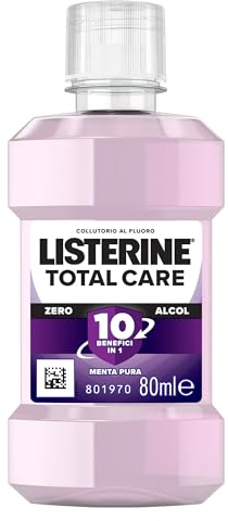 LISTERINE Total Care Mundspülung Reisemundwasser 0% Alkohol für umfassenden Schutz mit mildem Geschmack von reiner Minze, ohne Alkohol und mit Fluorid für starke Zähne und gesundes Zahnfleisch, 80 ml