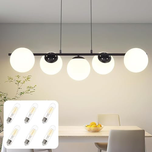 ZMH Pendelleuchte Esstisch Hängeleuchte Modern - Esszimmerlampe Schwarz 5-Flammig Vintage Glaskugel Hängelampe 150CM Höhenverstellbar mit 6 × 4W E27 Leuchtmittel Wohnzimmer Hängeleuchte für Esszimmer