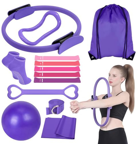 YQBFB 13 Teiliges Pilates Ring Kreis Set: Pilates Set mit 38cm Pilates Ring 25cm Yoga Ball und Widerstandsbänder - Home Gym Equipment für Frauen (Purple)
