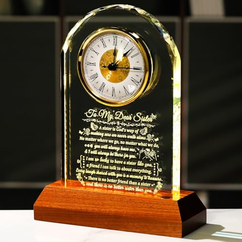 Arikyrist Sister Gifts from Sister Brother Glass Clock Birthday Idea | Crystal Keepsake, Adult Sisters Gift for Women, on Christmas Mothers Day Valentines, with Wooden Light Base