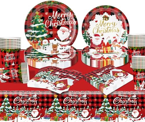 Moerstar Weihnachtsgeschirr Set, Weihnachts Partygeschirr Set mit Pappteller Pappbecher Tischdecke Servietten, Weihnachtsfeier Geschirrset (A02)