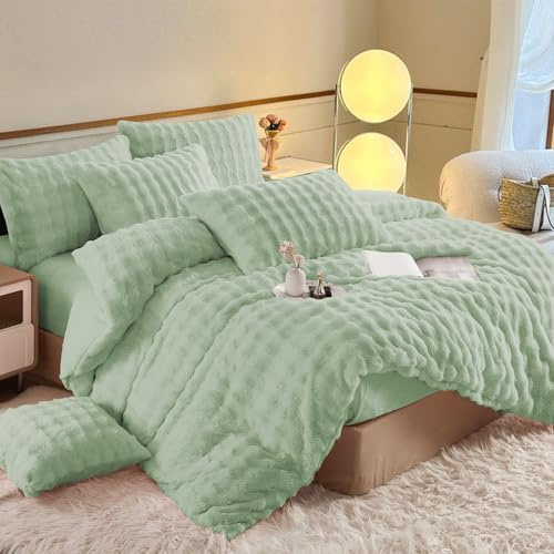 YASMENG Plüsch Bettwäsche 135x200 Winter Warm Salbeigrün Langhaar Bettwäsche Winter Super Weich Flauschig Kaninchenfellimitat Bettbezug Set 2 Teilig für Kinder mit Reißverschluss und 80x80 Kissenbezug