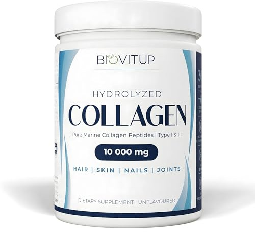 Biovitup Hydrolysiertes Meereskollagen Pulver – 10.000 mg Typ I & III Kollagen pro Portion | 300 g | Für Haut, Haare, Nägel & Gelenke | Zuckerfrei, geschmacksneutral, 100% natürlich