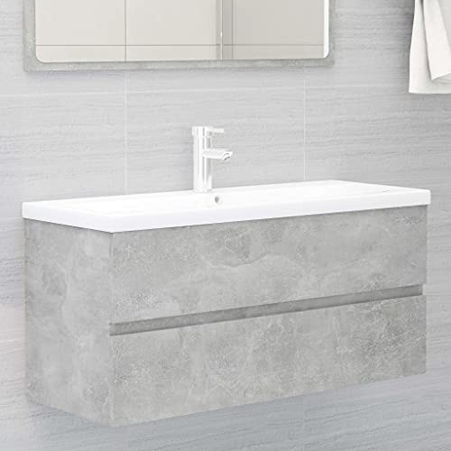 Holamys Meuble de lavabo gris béton 100 x 38,5 x 45 cm en matériau dérivé du bois, avec tiroir, meuble de salle de bain robuste, idéal pour espace de rangement sous l'évier