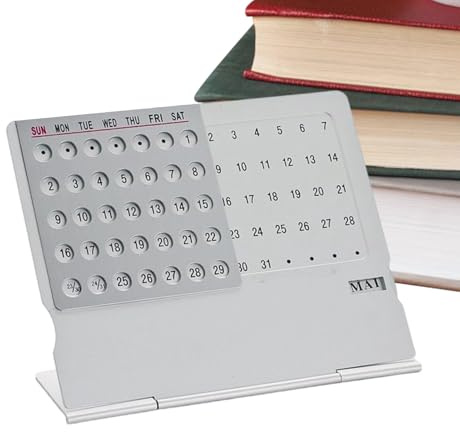 Schreibtischkalender aus Edelstahl, ewiger Schreibtischkalender, Schreibtisch-Datumsanzeige, verstellbare Datumsanzeige, Silber, 10,5 x 8,7 x 3,1 cm, wiederverwendbarer Bürobedarf für Zuhause und