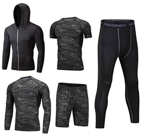 Dooxi Herren 5 Stücke Sport Anzug Schnell Trocken Joggen Kleidung Strumpfhosen Laufanzüge Kompression Shirt Gym Training Lauf Trainingsanzüge M