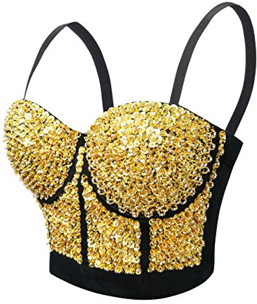 Woboren Damen Pailletten Perlen Bustier Crop Top Push-up Club Party Korsett Top with Detachable Strap