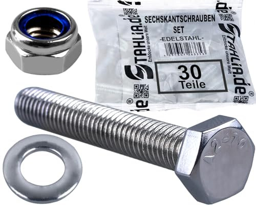 Stahlia 10 Sechskantschrauben 10 Unterlegscheiben & 10 Muttern Set Edelstahl M10 x 80 mm Vollgewinde (30 Teile) DIN 933|125|985 Maschinenschrauben Außensechskant