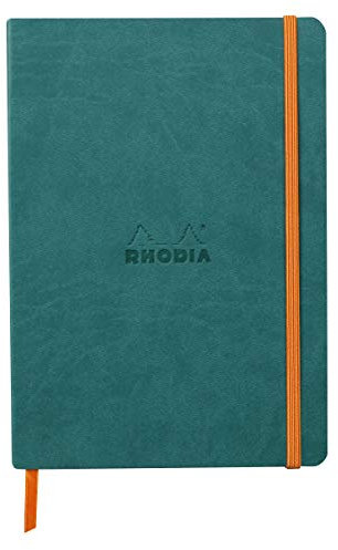 Rhodia 117376C - Notizheft Softcover Rhodiarama DIN A5 (14,8x21 cm), 80 Blatt, liniert Clairefontaine Papier Elfenbein 90g Lesezeichen, Gummizugverschluss, Cover aus Kunstleder Pfaugrün, 1 Stück