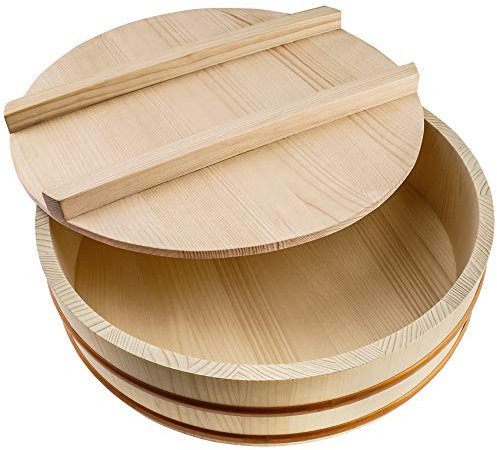 Kichgather Wooden Sushi Rice Bowl with Lid Hangiri Sushi Oke Sushi Rice Mixing Tub (10.6 “ with lid)