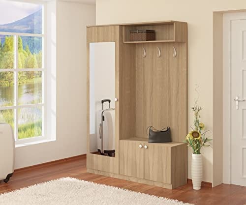 Mobile Ingresso Moderno con 3 Ganci Appendiabiti Anta con Specchio Mensola Vano Contenitore 2 Sportelli Armadio Entrata Ciliegio o Rovere Sonoma IG9 (Rovere Sonoma)