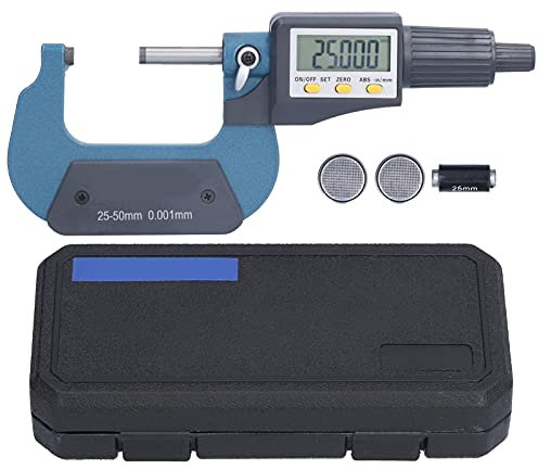 Fafeicy LCD Digitale Bügelmessschraube, 0,00005 Zoll/0,001 Mm Auflösung Professionelle Dickenmesswerkzeuge, 25–50 Mm/1-2 Zoll Bügelmessschraube mit Batterie, Automatisch schließen Funktion