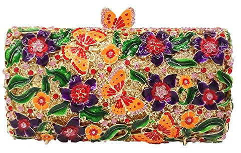 Boutique De FGG Kleine Blumen-Clutch-Geldbörse für Damen, formell, Schmetterling, Kristall, Clutch, Abendtasche, handgefertigte Hardcase-Handtasche, Orange / Violett, Small