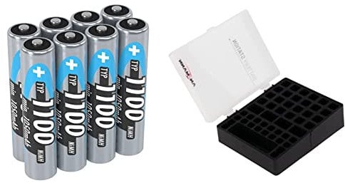 ANSMANN AAA Rechargeable Batteries 1100 mAh NiMH High Capacity AAA Type Size Battery & Battery Station Battery Storage Organiser Case for AA, AAA, and 9V Block Batteries