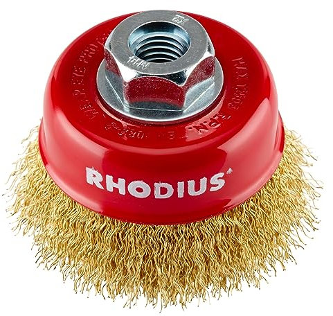 RHODIUS MTBW | 1 Stück Ø 75 mm Topfbürste vermessingt | gewellter Draht 0,3 mm, M14, Drahtbürste Winkelschleifer, Reinigungsbürste, Stahlbürste