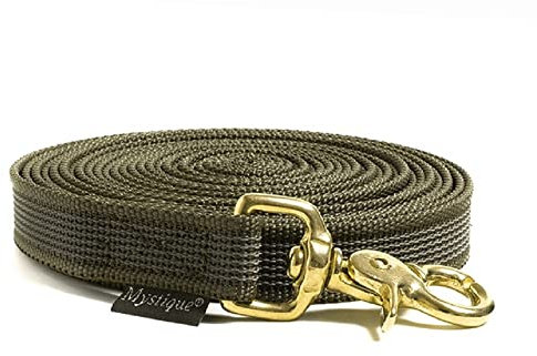 Mystique® Gummierte Schleppleine 20mm mit Handschlaufe Messing Scherenkarabiner Khaki 15m