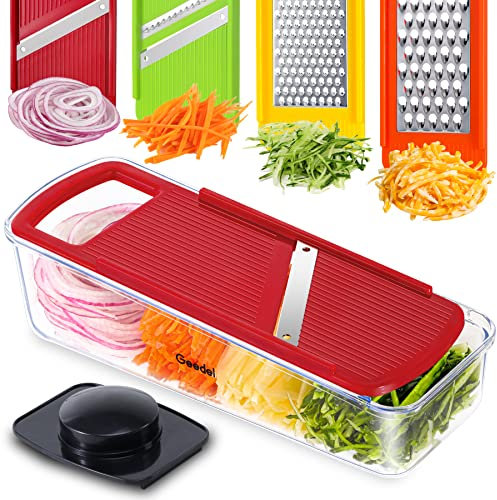 Geedel 4 in 1 Multifunktion Mandoline Gemüsehobel, Zwiebelschneider Gemüseschneider Manuell Käsereibe Julienneschneider Gurkenhobel, Reibe für Gemüse Apfelreibe Kartoffelschneider (Rot)