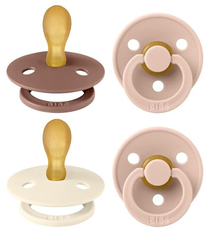BIBS Colour Dummy, 6-18 Months, 4-Pack, Symmetrical Teat, Blush Mix | Natural Rubber Latex | Size 2 | BPA-Free | Made in Denmark | High Teat Acceptance | Airflow Holes | Comfort Shield