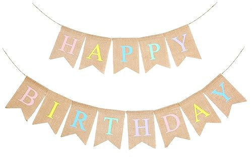 LOVENJOY Sackleinen Happy Birthday Girlande Jute-Stoff Wimpelkette Banner Rustikal Geburtstag Party Dekorationen, 16.4 ft