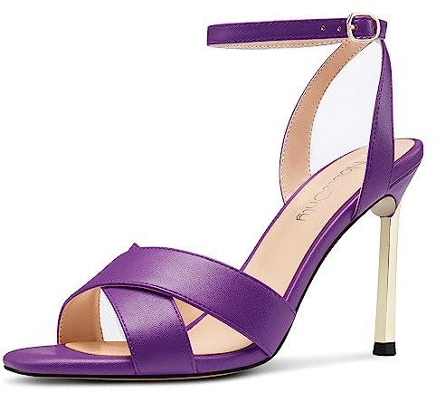 NobleOnly Damen Stiletto Hoher High Absatz Heel Open Zehenkappe Knöchelriemen Kreuzriemen Sandalen Schnalle Lässig Party Dress Schuhe Violett 38 EU