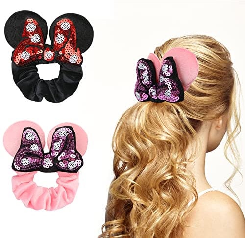 UHOMENY 2PCS Mouse Ears Hair Bows for Girls, Cute Hair Bows Set Sequin Bows Ponytail Hair Ties Velvet Scrunchies Elastic Rubber Hair Band(Black-Red White Dot +Pink-Purple White Dot)