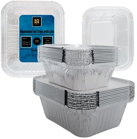 NUNOCHO Aluminium Foil Trays with Lids. Containers Pack 20, Set 2 Sizes 250ml (No.1) & 450ml (No.2).Tin foil Meal Prep, Reusable Baking Freezing Cooling Takeaway
