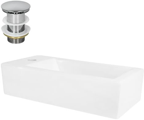 ML-Design Waschbecken Keramik Weiß 51x25x13 cm mit Ablaufgarnitur Silber, Klein, Eckig, Hahnloch rechts, Wandmontage oder Aufsatzwaschbecken, Moderne Waschtisch Waschschale Waschplatz Handwaschbecken