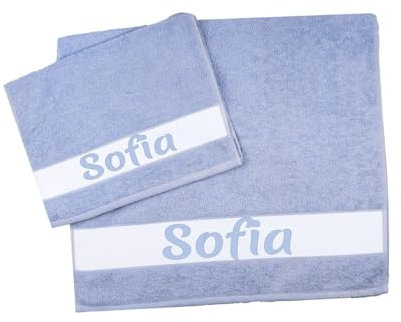 MAGIE DI CASA Asciugamani PERSONALIZZATI CON NOME, Set 2 Pezzi Spugna da Bagno Spugna, Viso + Ospite Cotone 100% Made in Italy (AZZURRO, NOME)