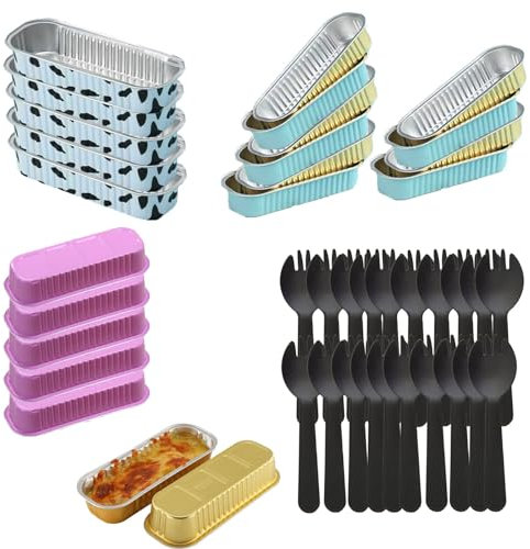 aqlbhz 20Pcs Aluminum Foil Trays and 20Pcs Spoons Oven Aluminum Loaf Pans Mini Loaf Cake Cases Aluminum Foil Trays with Lids Mini Loaf Tin for Baking Cooking Breads Cake Wedding Picnic