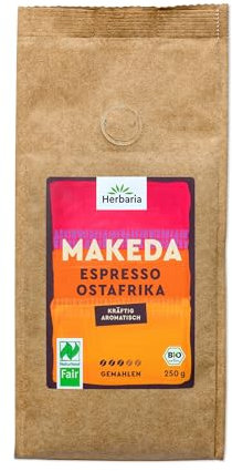 Herbaria MAKEDA Bio Espresso gemahlen 250g – Naturland Fair zertifiziert aus Ostafrika – Röstaromen mit Kakao- & Eichenholz-Noten – Bio Kaffeebohnen gemahlen für die Siebträger und Espressokocher