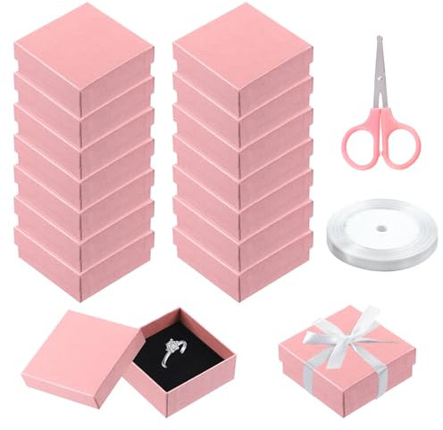 Swpeet Lot de 17 boîtes à bijoux en carton rose 7,5 x 7,5 x 3,1 cm avec ciseaux et ruban en polyester pour ranger des bijoux