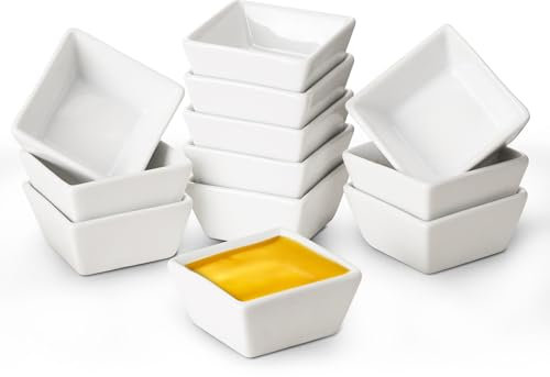 Meideal Porcelain Dipping Bowls Set, 12 Pack Ceramic Soy Sauce Dish, 2 Oz White Small Dip Bowl, Mini Serving Bowl for Side Dishes, Ketchup, Appetizer, Soy, Sushi, BBQ, Party, Condiment (Square)