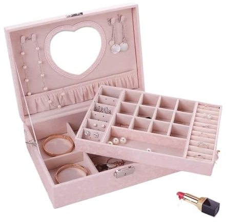 OXOAMP Schmuckkästen Schmuckschatulle aus Leder for Damen mit herzförmigem Spiegel, 2-lagig, große Schmuckschatulle mit Blattmuster, Schmuck-Organizer-Box/-Etui Geschenke(Pink)