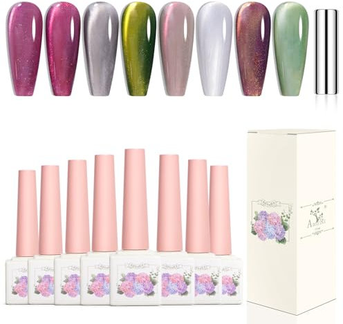 Adhere 8Pcs 12ML Cat Eye Gel Magnet Nail Polish Set, Reflective Glitter Cat Eye,Yellow Green Purple Silver White Color with Magnet