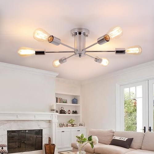 JHLBYL Moderne Silber Sputnik Kronleuchter, Galvanisch verchromt farbigen Metall Deckenleuchte, 6 Flammig Semi Flush Mount Classic Vintage Deckenbeleuchtung Mit E27-Lampenfassung