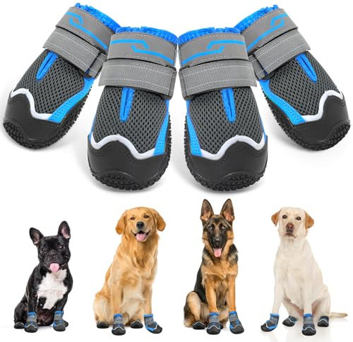 Weesiber Hundeschuhe, 4 Stück rutschfeste Hundestiefel mit Reflektierenden Riemen und Verschleißfester Gummisohle, Pfotenschutz für Kleine, Mittlere und Große Hunde (Grau, Größe 7)