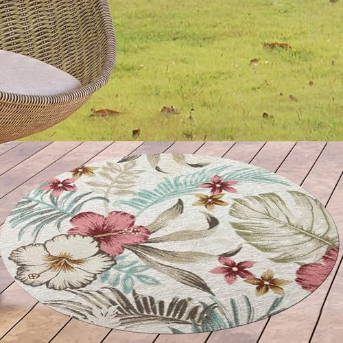 CARPETIA Teppich Rund Outdoor mit Blättern 3D Optik wetterfest pflegeleicht für Balkon Terrasse Garten Wohnzimmer modern Kurzflor Creme bunt 160 x 160 cm