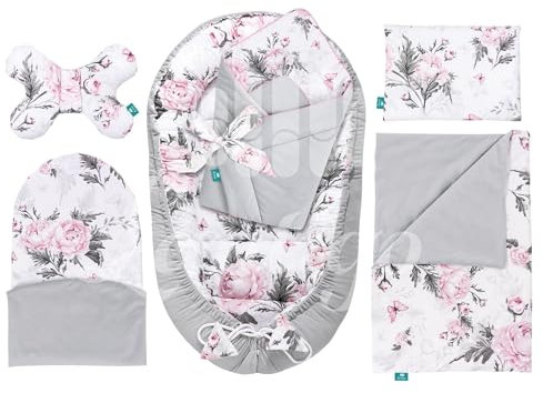 Lantigo Set für Neugeborene 6-teiliges Babynest Baumwolle mit Samt Baby Nestchen 95×55 cm inkl. Baby Kissen, Babydecke, Babyhörnchen, Erstausstattung Neugeborene Pink Flowers Grey