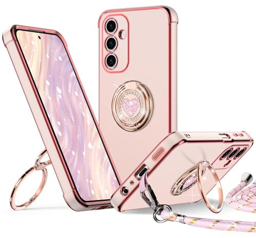 XYZ Cover per Samsung Galaxy A16 5G, con Supporto ad Anello Doppio Cuore, con Cordino per Ragazze e Donne, Cover Protettiva di Lusso Simpatica e Scintillante per Samsung A16 5G, Rosa