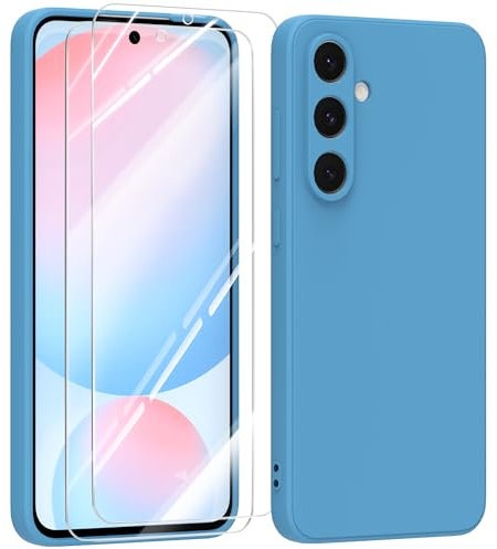 MIKULLE Cover in Silicone per Samsung Galaxy S24 FE 5G con 2 Pellicola Vetro Temperato, Custodia Morbido Silicone Ultra Sottile Liquida TPU Antiurto AntiGraffio Case - Blu