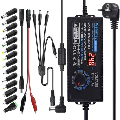 3V-24V 6A 144W Einstellbares Netzteil Universal Netzteiladapter Verstellbarer Netzadapter 100V-240V AC to DC mit LED Spannungsanzeige und 14 Tipps für Haushaltselektronik, DC Motor, 6000mA Max