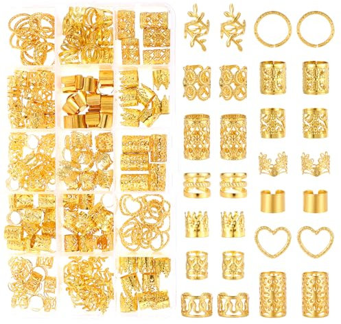 Nogeqi 190 Stück Haarschmuck Gold Pirat Für Zöpfe, Metall Haarperlen Zum Klipsen, Verstellbar Haarringe Gold Dreadlocks Schmuck, Piraten Haarschmuck Damen Hair Cuffs Mit Aufbewahrungsbox