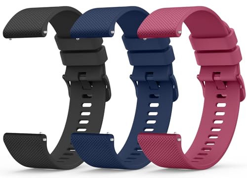 Wanme 3 Pièces 20mm Bracelet de Montre en Silicone, Souple Bracelet de Replacement en Dégagement Rapide avec Boucle en Même Couleur Homme Femme 20mm, Noir/Bleu Marine/Vin Rough