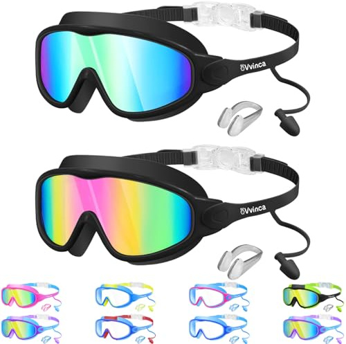 Vvinca Swim Goggles, Kids Goggles with Earplugs& Nose Clip Wide View Anti-Fog/UV Swimming Goggles for Age 3-15 Boys Girls